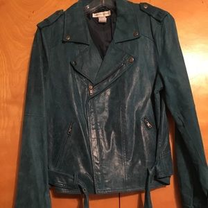 Leather Teal Blue Motto Jacket